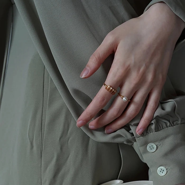 925 Sterling Silver Artificial Pearls Geometric Open Ring